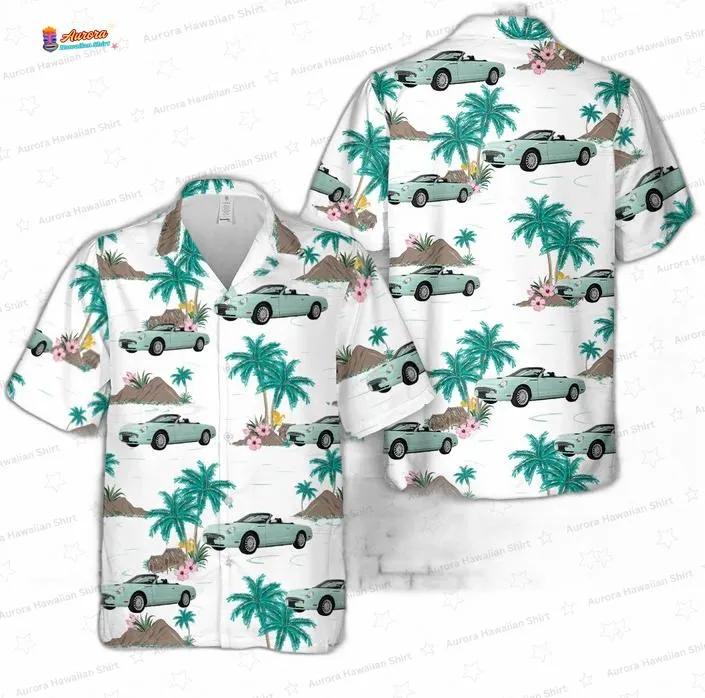 2002 Ford Thunderbird Mint Green Hawaiian Shirt for Car Lovers, Palm Tree Aloha Button-Up 2002 Ford Thunderbird Mint Green Hawaiian Shirt for Car Lovers, Palm Tree Aloha Button-Up