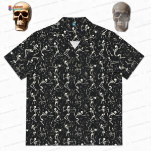 Abstract Escher Skeletons Dance Goth Hawaiian Shirt, Black Gothic Aloha Button-Up for Halloween Party Gift