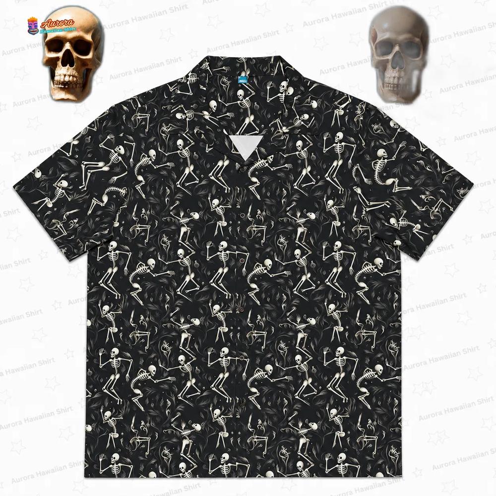 Abstract Escher Skeletons Dance Goth Hawaiian Shirt, Black Gothic Aloha Button-Up for Halloween Party Gift Abstract Escher Skeletons Dance Goth Hawaiian Shirt, Black Gothic Aloha Button-Up for Halloween Party Gift