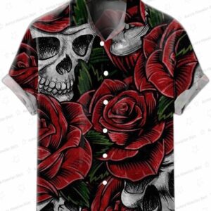 Red Rose Skull Ace Ventura Hawaiian Shirt, Gothic Floral Aloha Button-Up for Movie Fan Vacation Gift