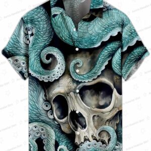Ancient Abyss Octopus Skull Hawaiian Shirt, Cthulhu Horror Aloha Button-Up