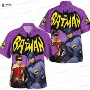 Purple Dynamic Duo Batman Hawaiian Shirt, Retro Superhero Aloha Button-Up for Comic Fan Gift