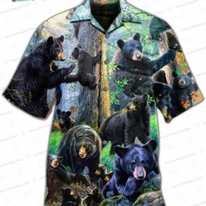 Black Bear Family Bear Hawaiian Shirt with Forest Spring Print