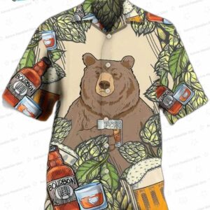 Bear I Drink Bourbon Bear Hawaiian Shirt with Whiskey Leaf Print