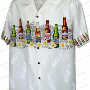 Island Beer Bottle Border Hawaiian Shirt, White Tropical Brewery Aloha Button-Up for Beer Lover Gift