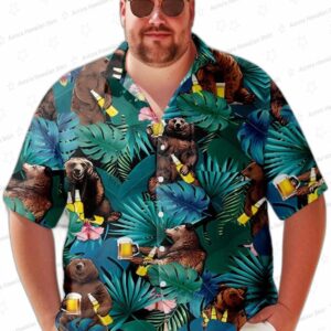 Big Tall Bear Beer Chubbies Hawaiian Shirt with Tropical Leaves