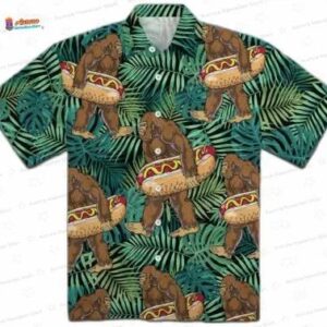 Bigfoot Hot Dog Tropical Hot Dog Hawaiian Shirt, Funny Sasquatch Aloha Button-Up for Summer BBQ Gift