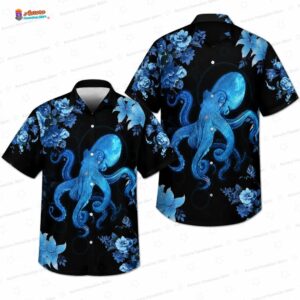 Black Blue Tropical Octopus Hawaiian Shirt, Dark Ocean Floral Aloha Button-Up for Sea Life Vacation Gift
