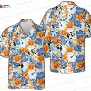 Bluey Bingo Floral Hibiscus Hawaiian Shirt for Family Beach Trips