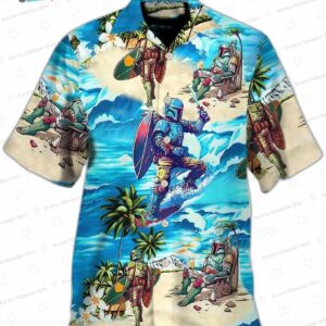 Surfing Bounty Hunter Boba Fett Hawaiian Shirt, Beach Galaxy Aloha Button-Up for Sci-Fi Fan Gift