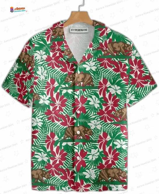 California Brown Bear Hawaiian Shirt with Floral Summer Vibes California Brown Bear Hawaiian Shirt with Floral Summer Vibes