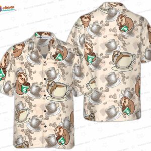 Cafe Dream Sloth Hawaiian Shirt, Cream Coffee Bean Aloha Button-Up for Coffee Lover Gift