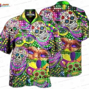 Colorful Skull Mask Mardi Gras Hawaiian Shirt for Beach Parties