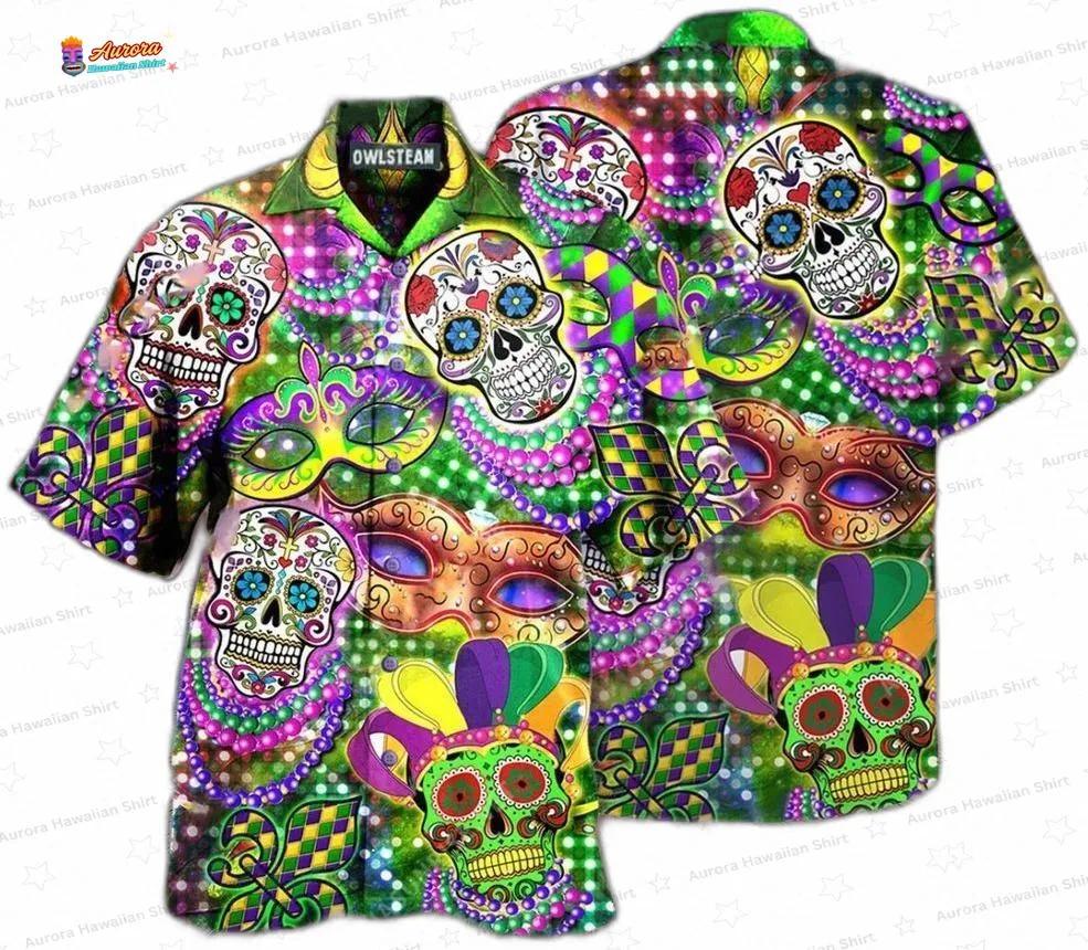 Colorful Skull Mask Mardi Gras Hawaiian Shirt for Beach Parties Colorful Skull Mask Mardi Gras Hawaiian Shirt for Beach Parties