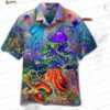 Black Blue Tropical Octopus Hawaiian Shirt, Dark Ocean Floral Aloha Button-Up for Sea Life Vacation Gift
