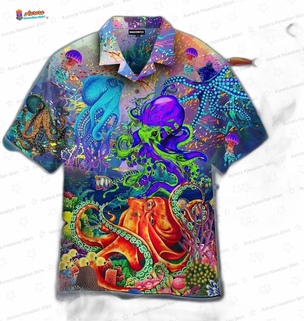 Colorful Undersea Octopus Hawaiian Shirt, Vibrant Coral Reef Aloha Button-Up for Ocean Lover Gift Colorful Undersea Octopus Hawaiian Shirt, Vibrant Coral Reef Aloha Button-Up for Ocean Lover Gift