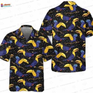 Colorful Toucan Summer Hawaiian Shirt, Black Tropical Bird Aloha Button-Up for Vacation Gift