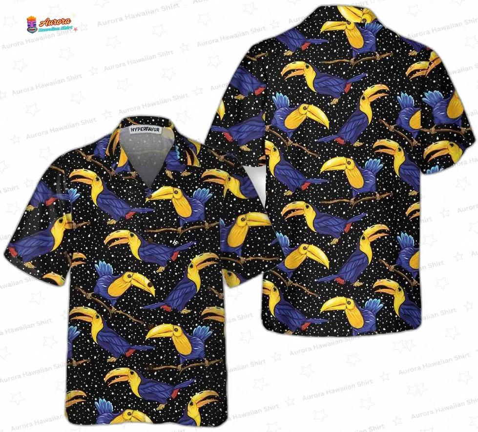 Colorful Toucan Summer Hawaiian Shirt, Black Tropical Bird Aloha Button-Up for Vacation Gift Colorful Toucan Summer Hawaiian Shirt, Black Tropical Bird Aloha Button-Up for Vacation Gift
