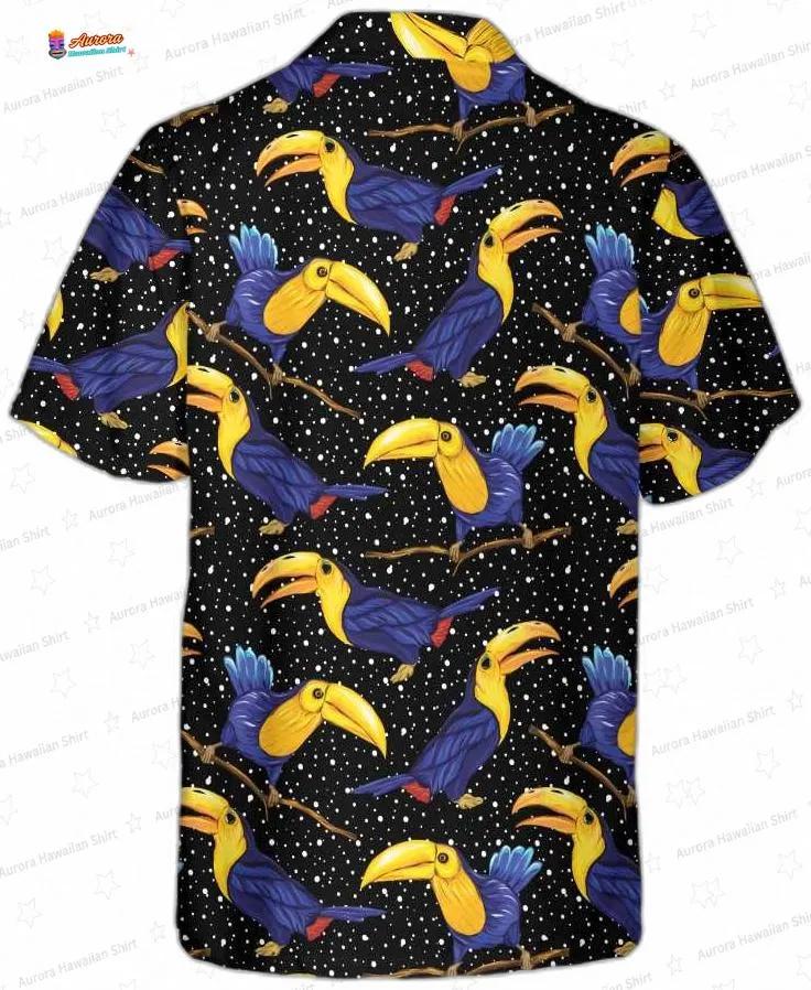Colorful Toucan Summer Hawaiian Shirt, Black Tropical Bird Aloha Button-Up for Vacation Gift Colorful Toucan Summer Hawaiian Shirt, Black Tropical Bird Aloha Button-Up for Vacation Gift