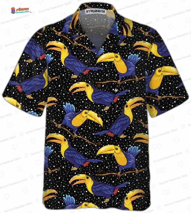 Colorful Toucan Summer Hawaiian Shirt, Black Tropical Bird Aloha Button-Up for Vacation Gift Colorful Toucan Summer Hawaiian Shirt, Black Tropical Bird Aloha Button-Up for Vacation Gift