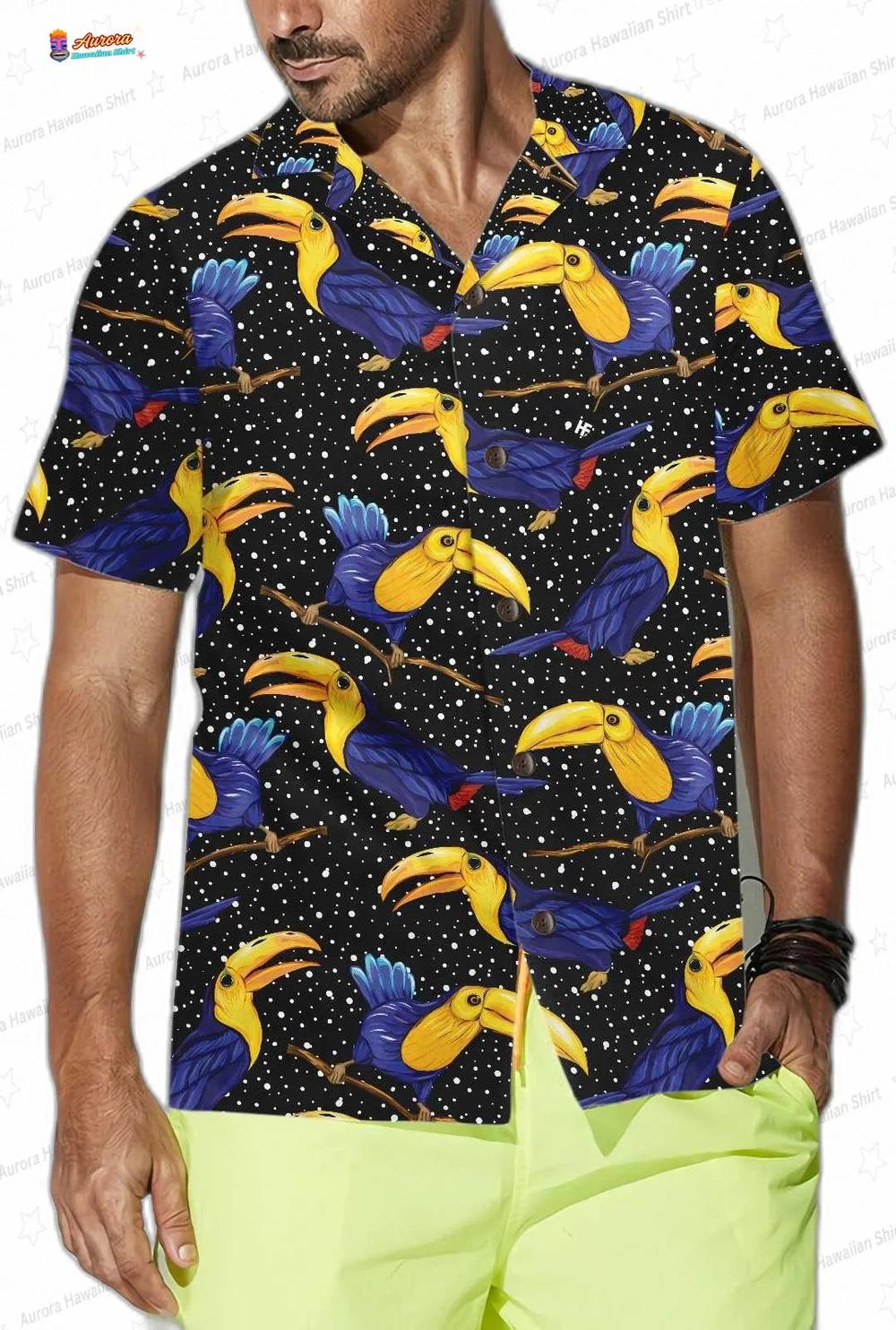 Colorful Toucan Summer Hawaiian Shirt, Black Tropical Bird Aloha Button-Up for Vacation Gift Colorful Toucan Summer Hawaiian Shirt, Black Tropical Bird Aloha Button-Up for Vacation Gift