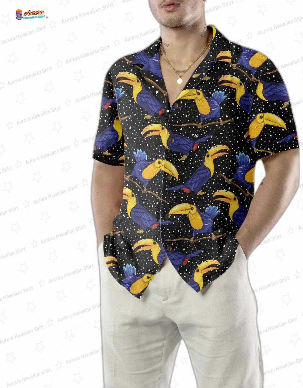 Colorful Toucan Summer Hawaiian Shirt, Black Tropical Bird Aloha Button-Up for Vacation Gift Colorful Toucan Summer Hawaiian Shirt, Black Tropical Bird Aloha Button-Up for Vacation Gift