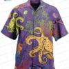 Tie Dye Octopus Hawaiian Shirt, Teal Red Big Tall Aloha Button-Up for Ocean Lover Gift
