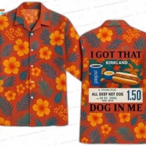 Costco Hot Dog Hawaiian Shirt, Orange Floral Meme Aloha Button-Up for Summer Vacation Gift