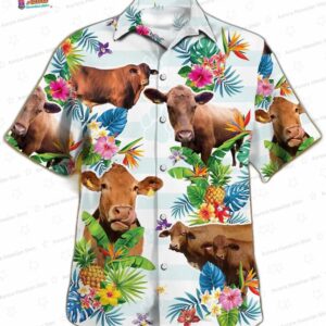 Tropical Cow Hawaiian Shirt with Pineapple Floral Island Print