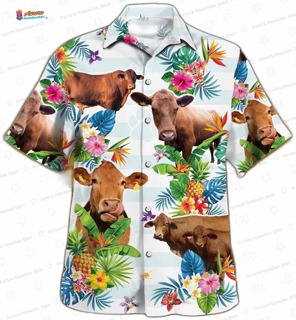 Tropical Cow Hawaiian Shirt with Pineapple Floral Island Print Tropical Cow Hawaiian Shirt with Pineapple Floral Island Print