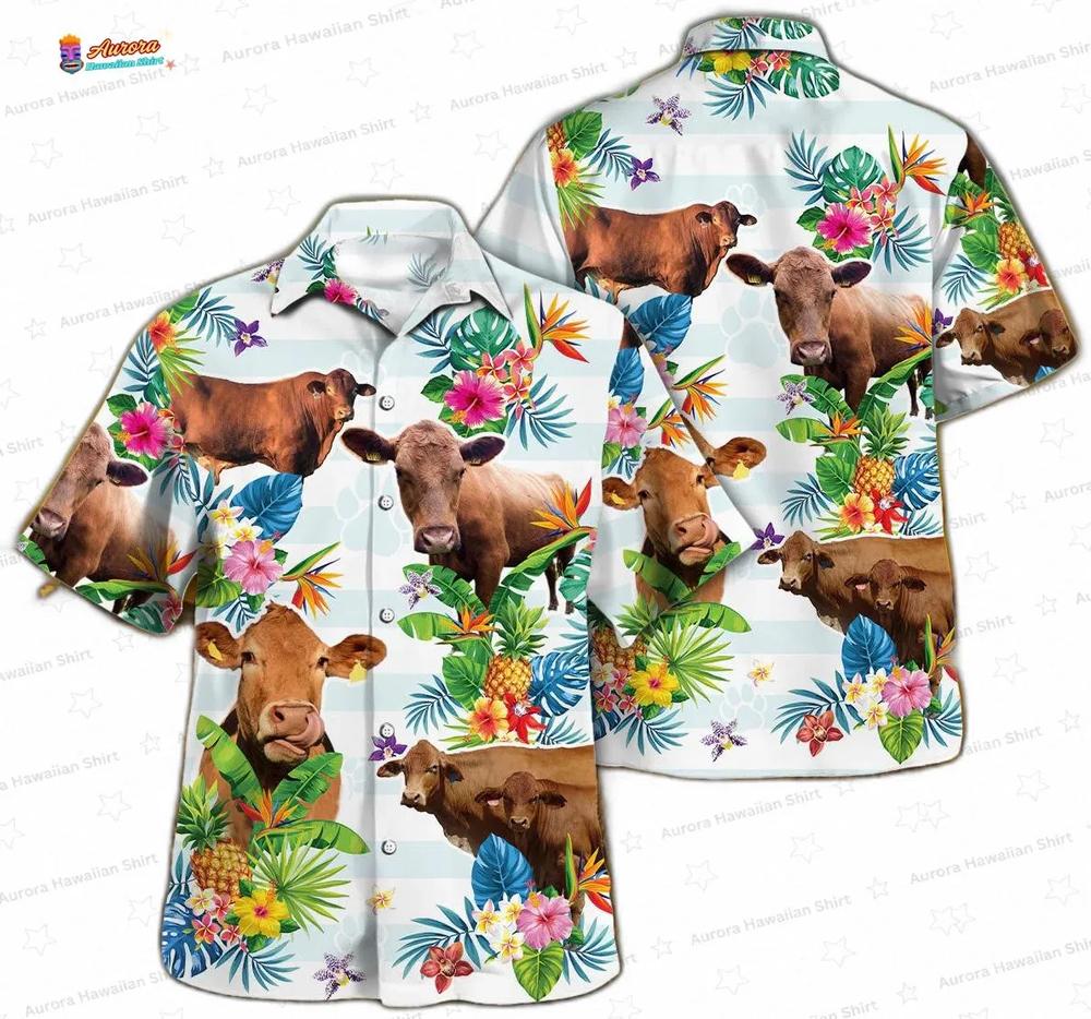 Tropical Cow Hawaiian Shirt with Pineapple Floral Island Print Tropical Cow Hawaiian Shirt with Pineapple Floral Island Print