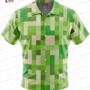 Pixel Creeper Pattern Minecraft Hawaiian Shirt, Green Gamer Button-Up