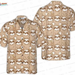 Beige Smiley Sloth Hawaiian Shirt, Cute Neutral Animal Aloha Button-Up for Vacation Gift