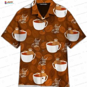Cute Sloth Coffee Cup Hawaiian Shirt, Dark Chocolate Aloha Button-Up for Coffee Lover Gift