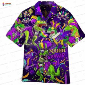 Mardi Grawr Dinosaur Mardi Gras Hawaiian Shirt, Purple Carnival T-Rex Aloha Button-Up for Party Gift