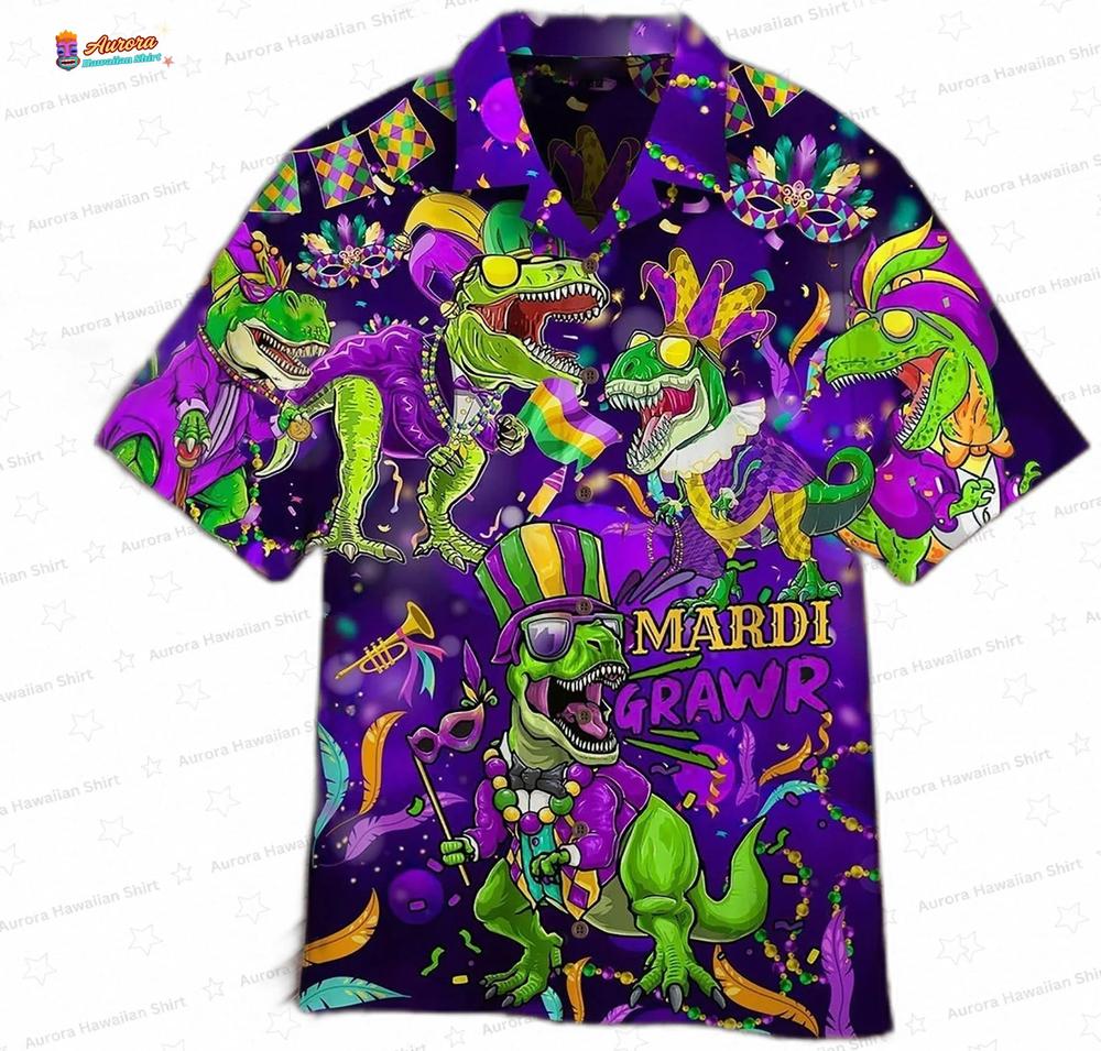 Mardi Grawr Dinosaur Mardi Gras Hawaiian Shirt, Purple Carnival T-Rex Aloha Button-Up for Party Gift Mardi Grawr Dinosaur Mardi Gras Hawaiian Shirt, Purple Carnival T-Rex Aloha Button-Up for Party Gift