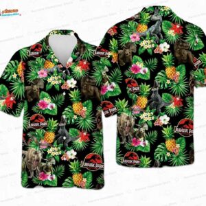 Pineapple Dinosaur Jurassic Park Hawaiian Shirt, Tropical Flower Aloha Button-Up for Movie Fan Vacation Gift
