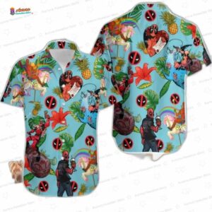 Cute Tropical Pineapple Deadpool Hawaiian Shirt, Aqua Blue Aloha Button-Up for Summer Beach Vacation Gift