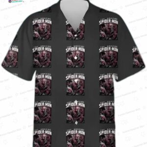 90s Vintage Black Spider Man Hawaiian Shirt for Comic Fans, Short Sleeve Aloha Button-Up
