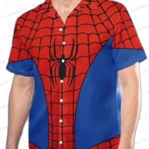 Spider Man Cosplay Halloween Hawaiian Shirt, Red Blue Web Aloha Button-Up for Fan Vacation Gift
