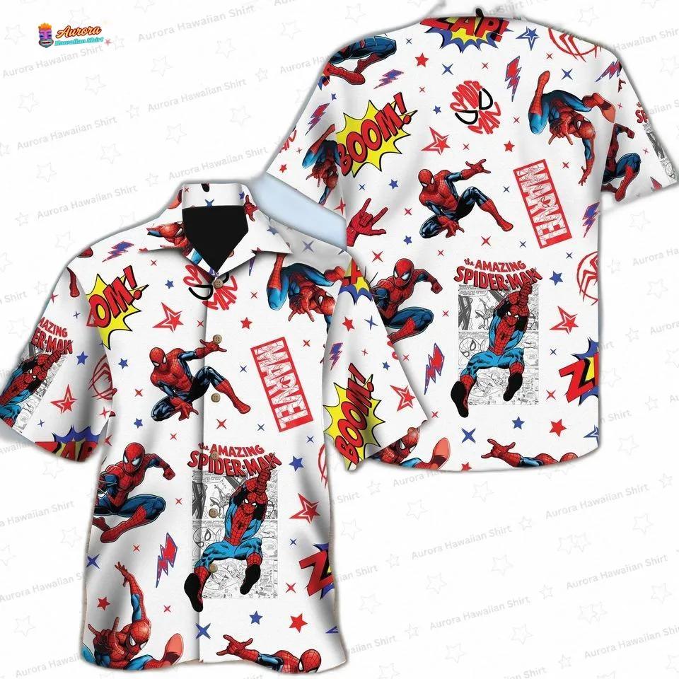 White Comic Panel Spider Man Hawaiian Shirt for Superhero Fans, Short Sleeve Button-Up White Comic Panel Spider Man Hawaiian Shirt for Superhero Fans, Short Sleeve Button-Up