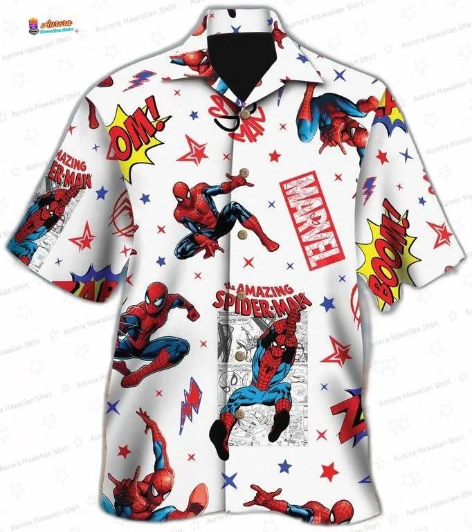 White Comic Panel Spider Man Hawaiian Shirt for Superhero Fans, Short Sleeve Button-Up White Comic Panel Spider Man Hawaiian Shirt for Superhero Fans, Short Sleeve Button-Up