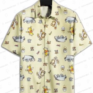 Yellow Pooh Bear Hawaiian Shirt, Cute Cartoon Honey Pot Aloha Button-Up for Summer Vacation