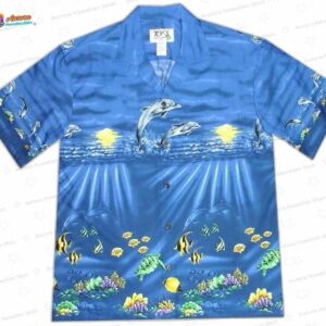 Blue Ocean Border Dolphin Hawaiian Shirt, Tropical Sea Life Aloha Button-Up for Beach Vacation Gift