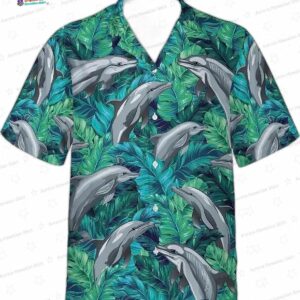 Teal Dolphin Tropical Leaf Hawaiian Shirt for Men and Women