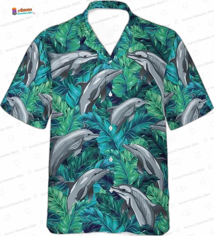 Teal Dolphin Tropical Leaf Hawaiian Shirt for Men and Women Teal Dolphin Tropical Leaf Hawaiian Shirt for Men and Women