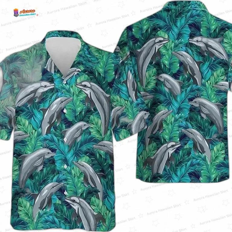 Teal Dolphin Tropical Leaf Hawaiian Shirt for Men and Women Teal Dolphin Tropical Leaf Hawaiian Shirt for Men and Women