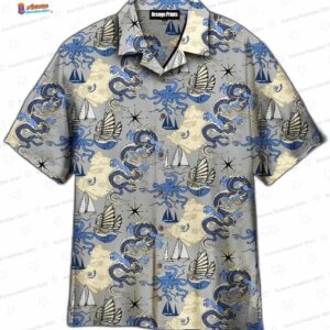 Dragon Sea Voyage Octopus Hawaiian Shirt, Nautical Sailboat Aloha Button-Up for Ocean Explorer Gift