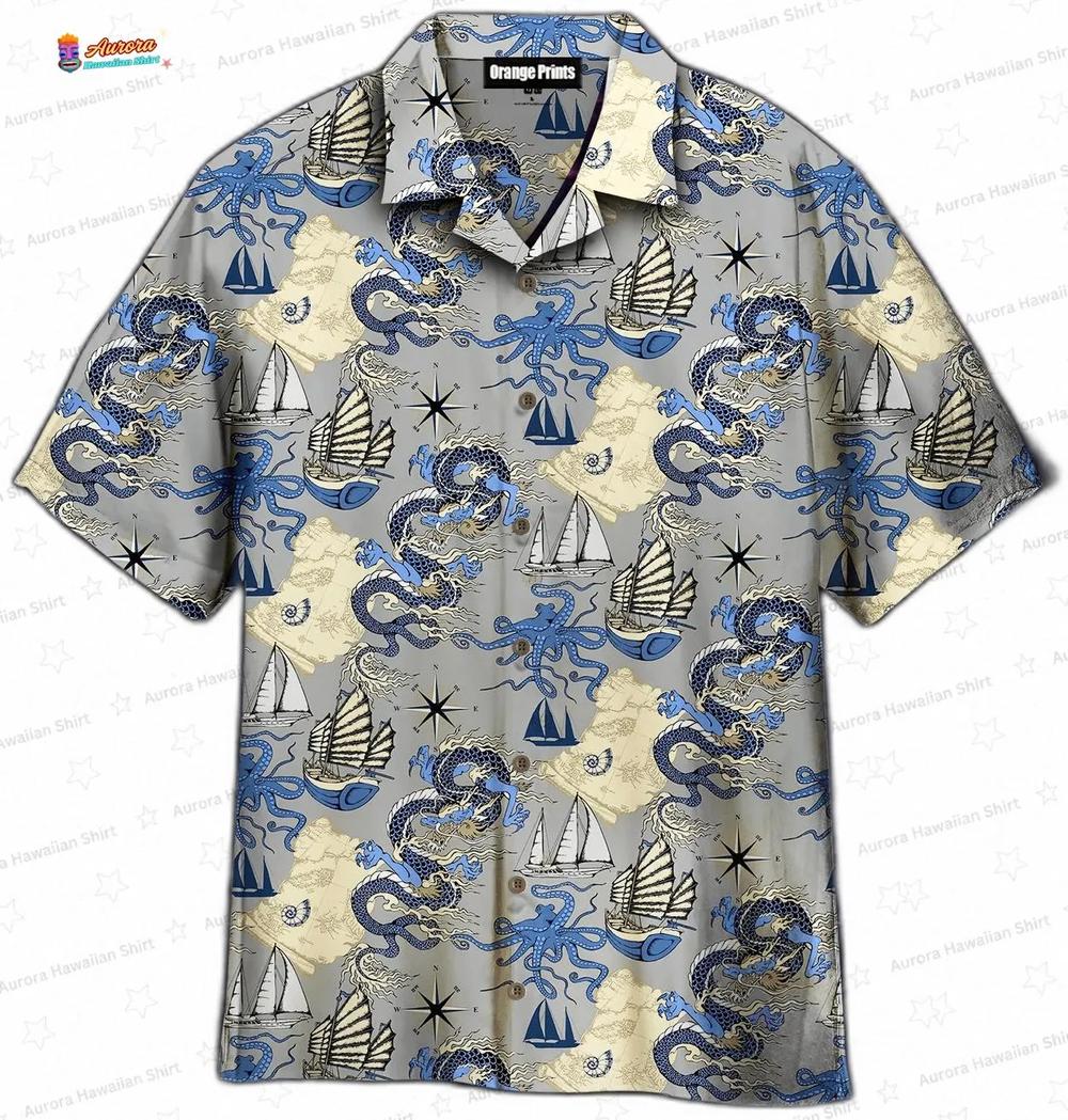 Dragon Sea Voyage Octopus Hawaiian Shirt, Nautical Sailboat Aloha Button-Up for Ocean Explorer Gift Dragon Sea Voyage Octopus Hawaiian Shirt, Nautical Sailboat Aloha Button-Up for Ocean Explorer Gift