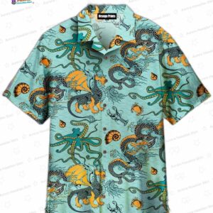 Dragon Fish Octopus Hawaiian Shirt, Aqua Nautical Sea Life Aloha Button-Up for Ocean Lover Gift